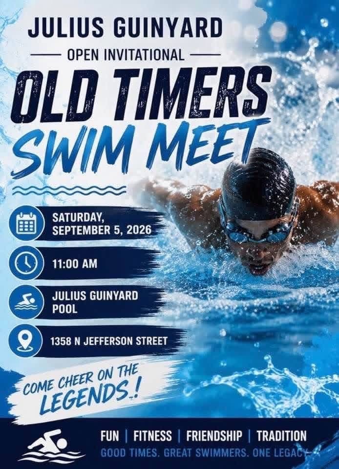 Event flyer for the Julius Guinyard Open Invitational Old Timers Swim Meet